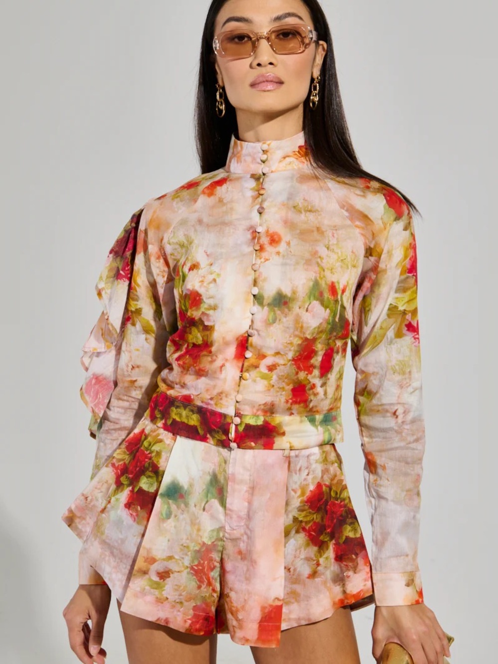 AKIRA Multi-Color Floral High-Neck Button Blouse